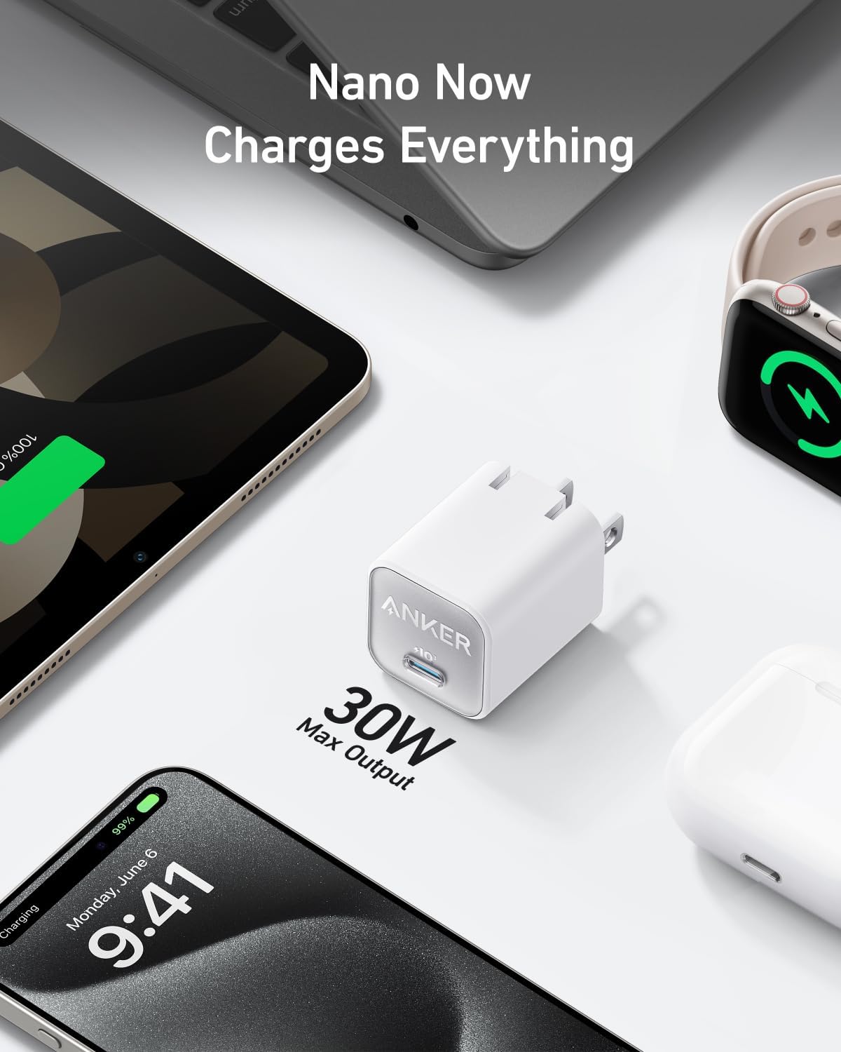 Cargador USB C GaN de 30 W color blanco aurora