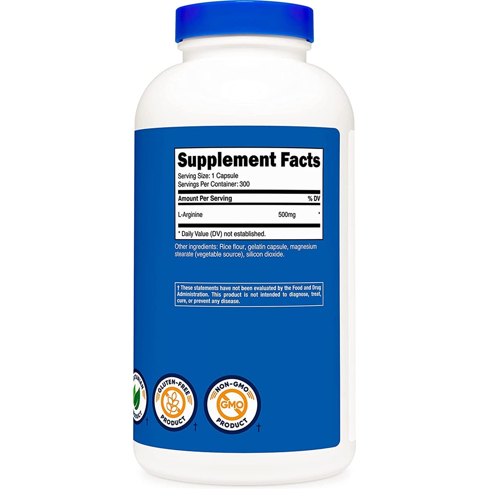 Suplemento L-Arginina 500 mg, 300 cápsulas Sin gluten OMG