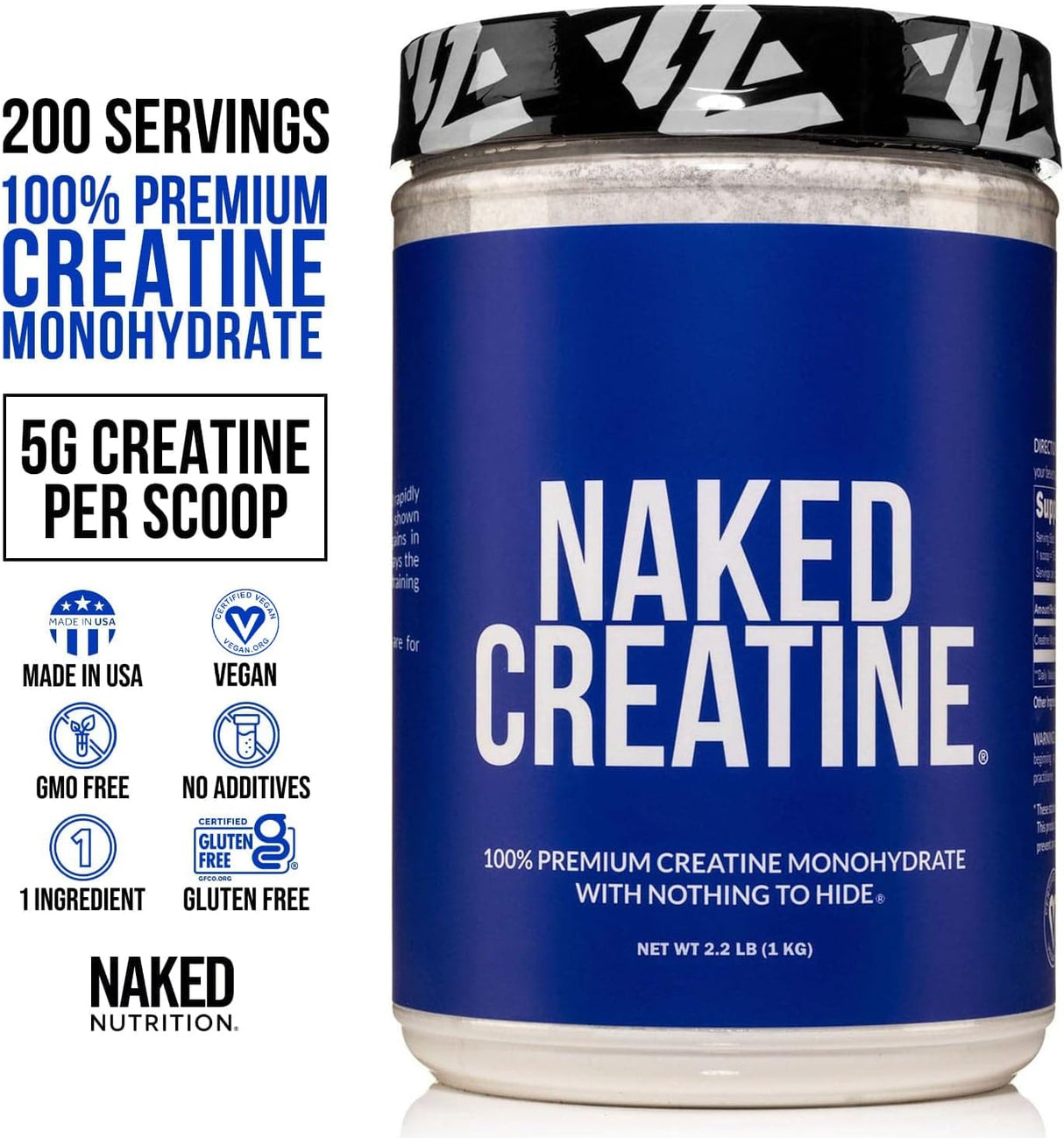 Creatina Monohidratada 1000g Naked CREATINE, Vegano, Sin GMO