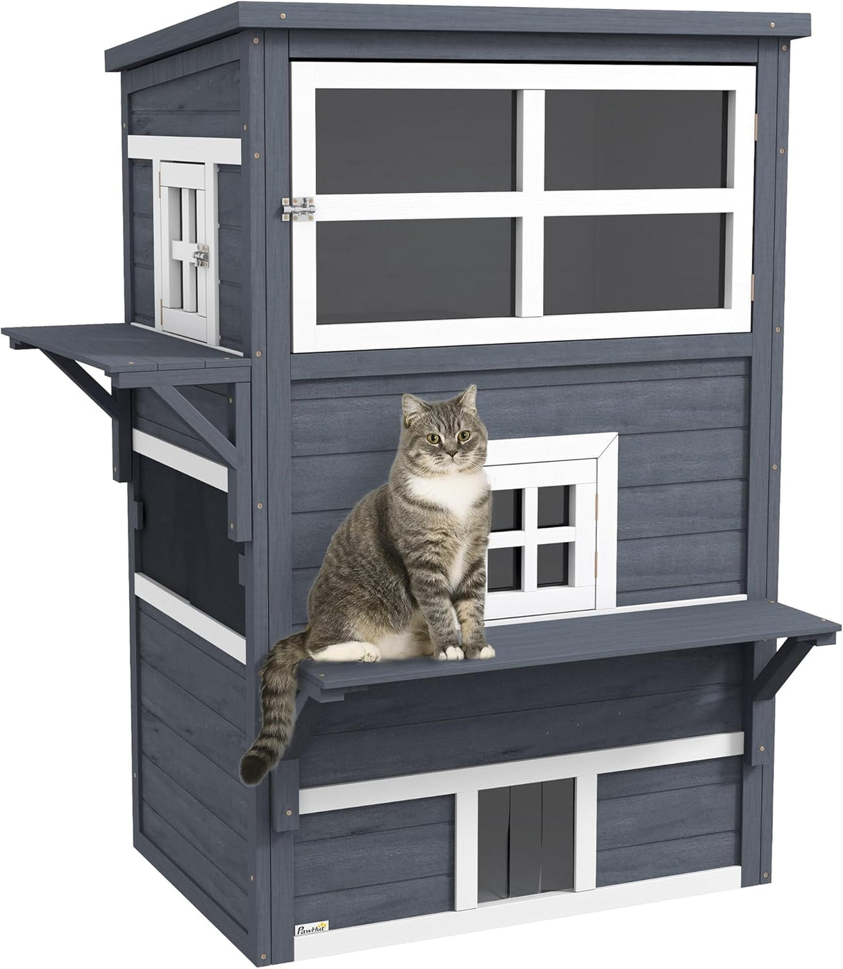 Casa para Gatos 3 Niveles PawHut, Refugio Exterior con Techo