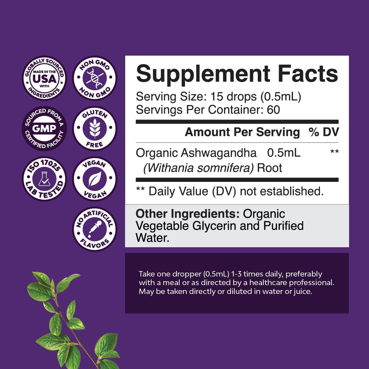 Gotas de Ashwagandha Orgánica USDA - Adaptógeno Sin Azúcar 2 Pck