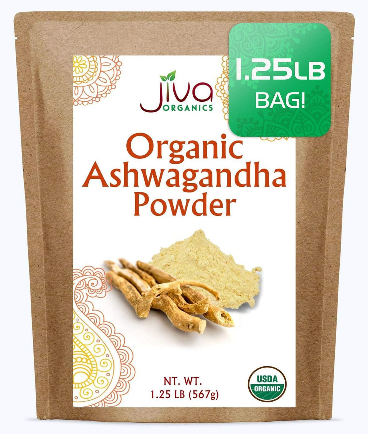 Polvo de raíz de Ashwagandha 1.25 lb Jiva Organics - Puro, No GMO