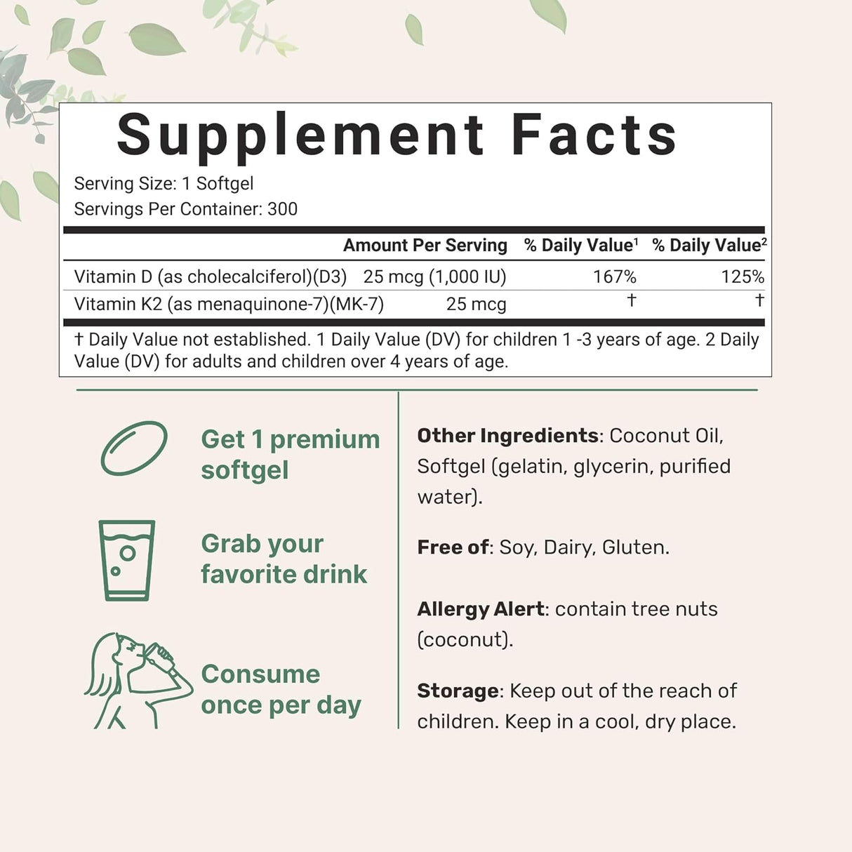 Vitaminas D3 y K2 Micro Ingredients, 300 gelatinas blandas