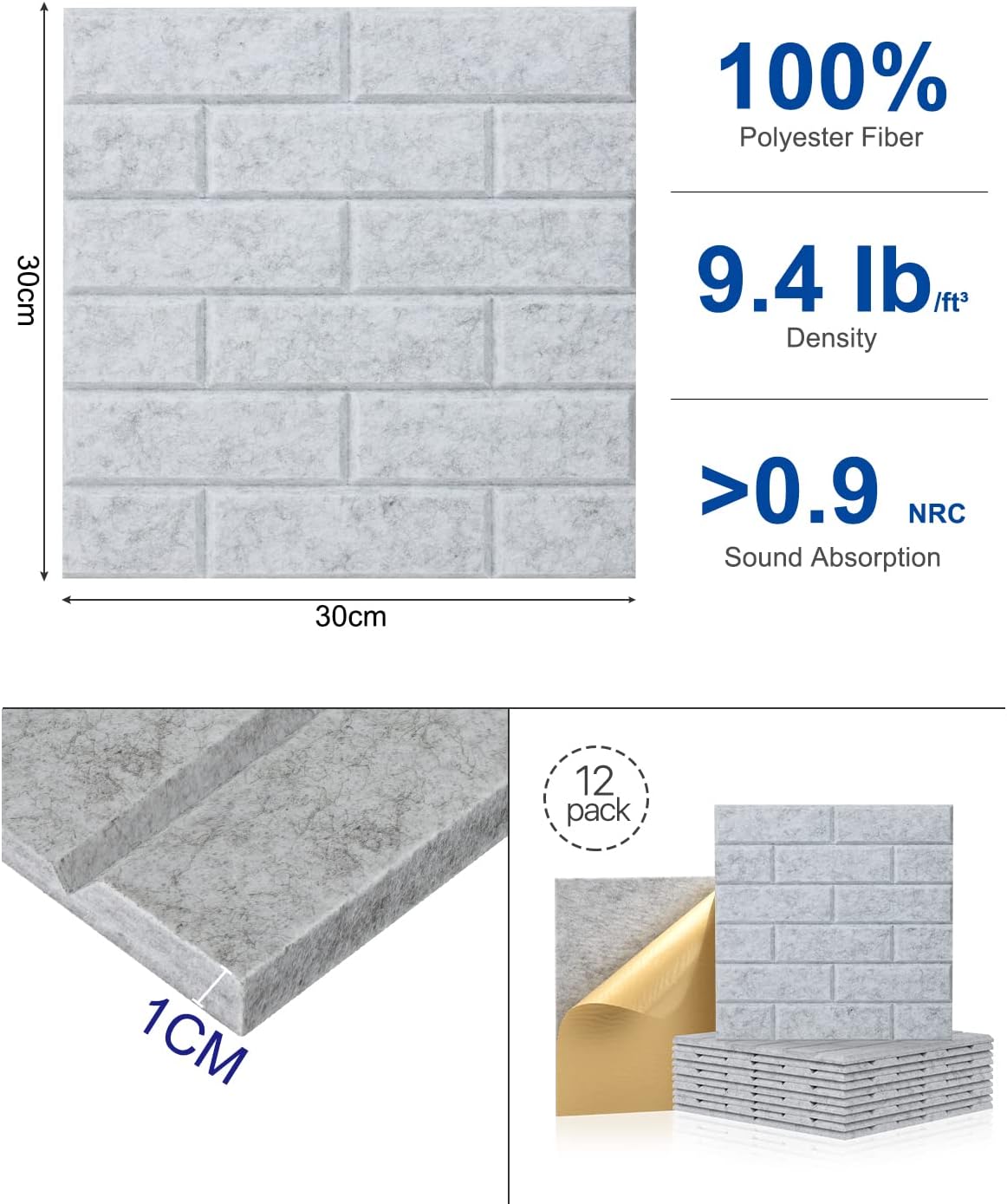 Paneles Acústicos Autoadhesivos 12 Pack 30x30x1cm Tratamiento