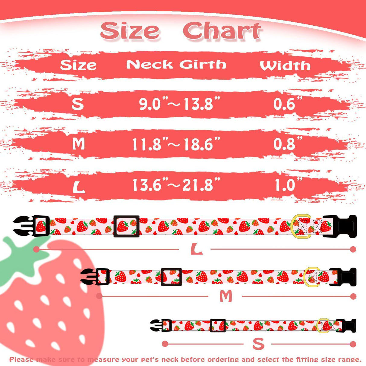 Collar de algodón para perros - Diseño fresa - Ajustable y suave