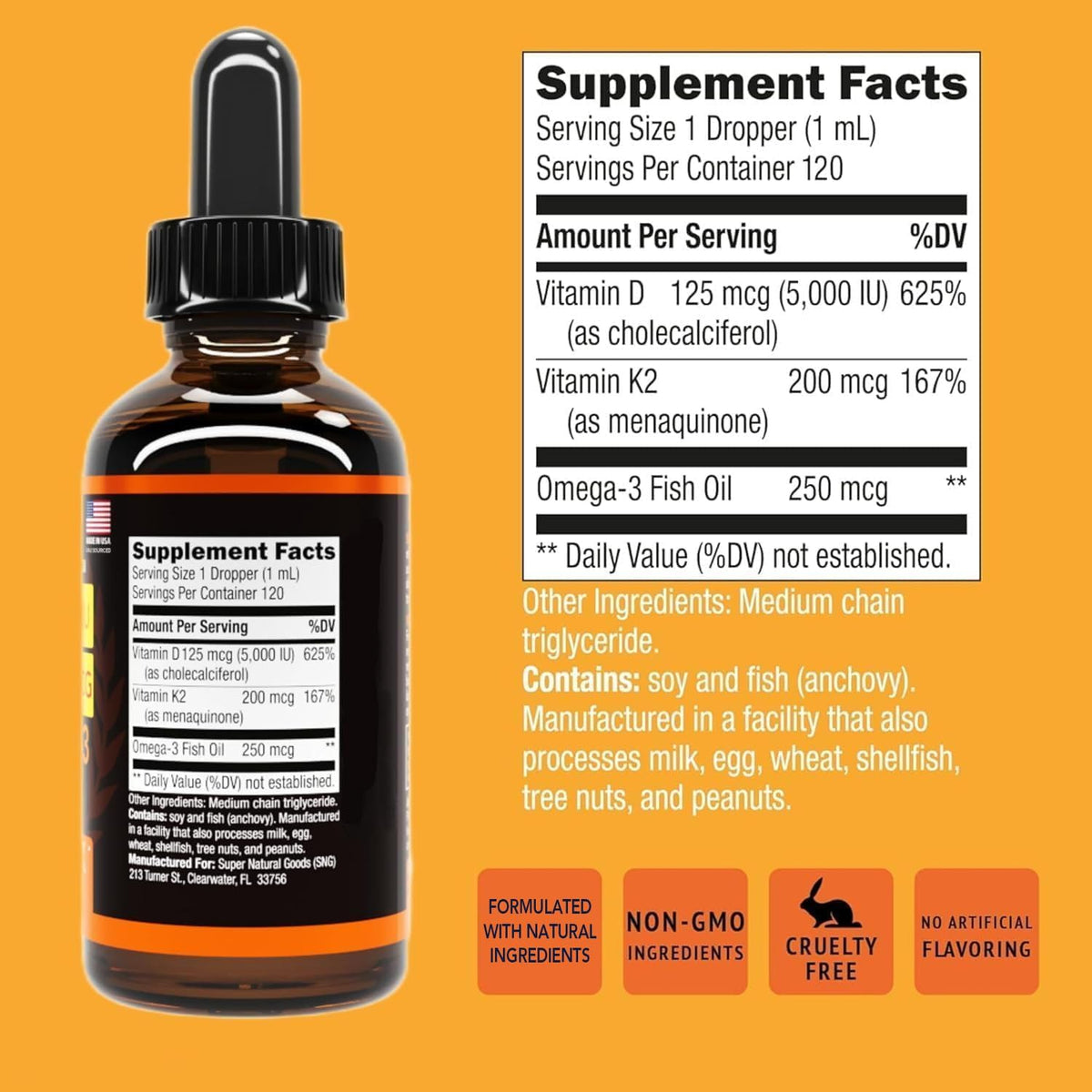 Vitamin D3 K2 Líquido 5000 IU, 4oz, Máxima Fuerza, Omega 3