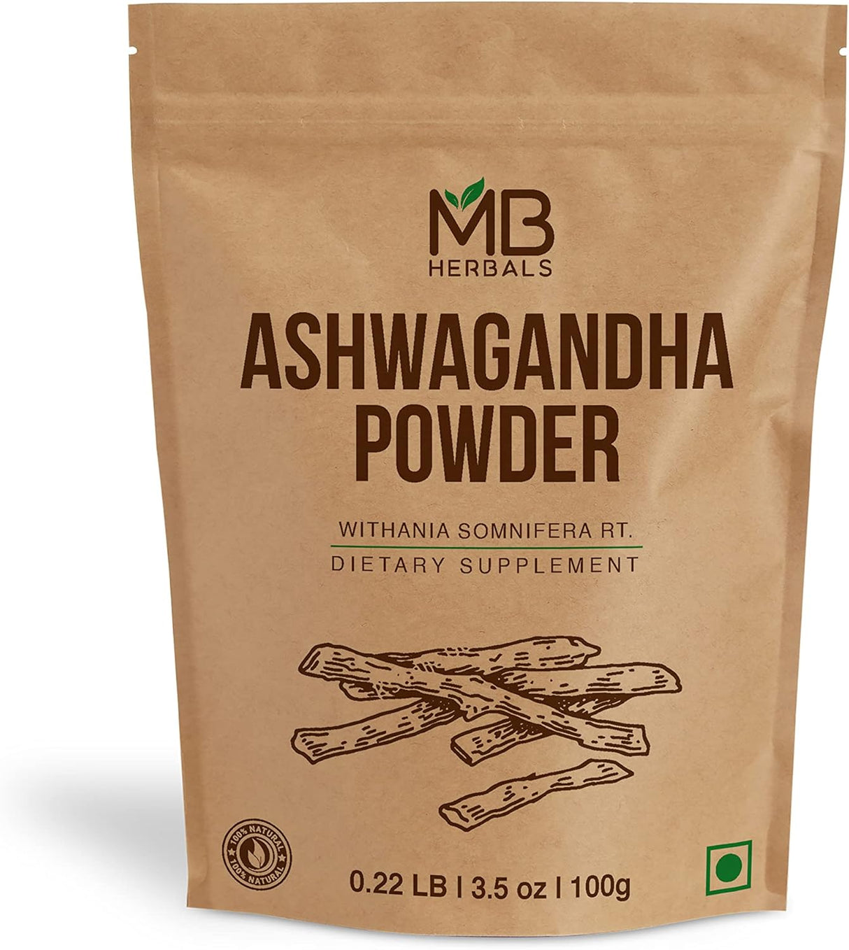 Polvo de Ashwagandha MB Herbals 100g | Sin Conservantes