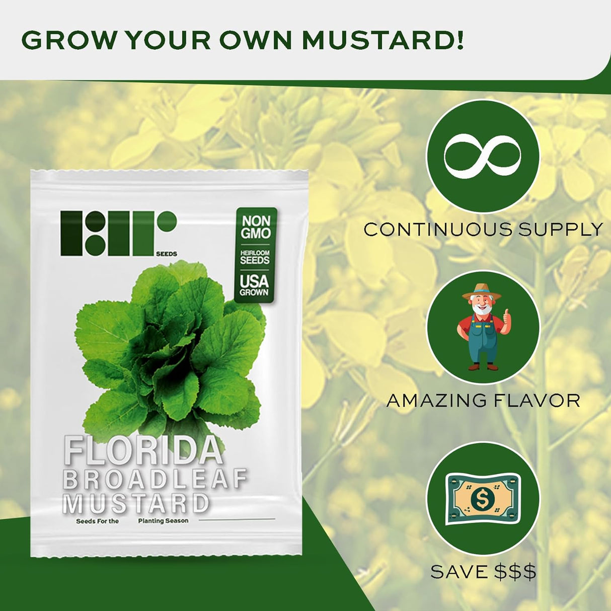 Semillas de Mostaza Florida, Heirloom, No GMO, Brassica Juncea