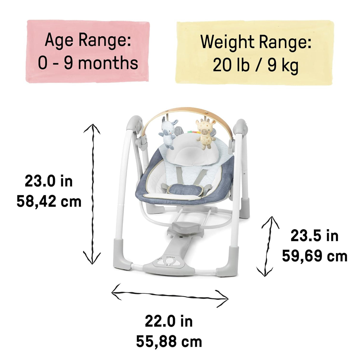 Ingenuity Swing n Go - Columpio portátil, barra de juguete de madera extraíble de origen sostenible, 5 velocidades, para edades de 0 a 9 meses, hasta 20 libras, color cambray
