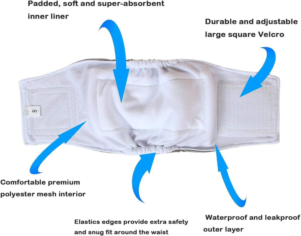 Pañales envolventes reusables perros machos, Negro + gris + azul lago