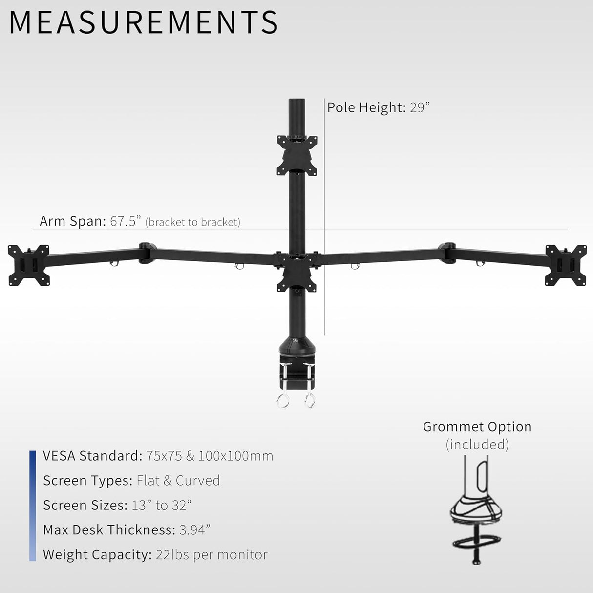 Soporte de escritorio para 4 monitores VIVO, ajustable, STAND-V104A
