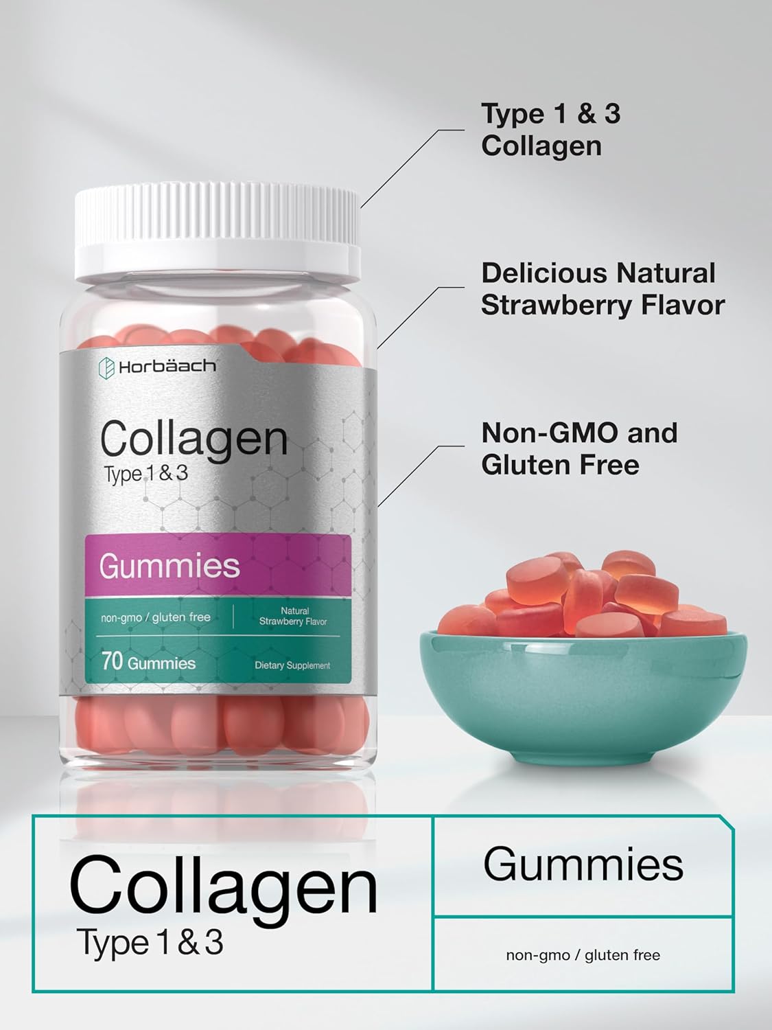Horbäach Gummies de Colágeno 70u, Sin Gluten, Gummy de Fresa