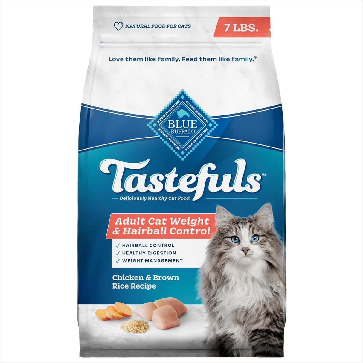Blue Buffalo Tastefuls Weight & Hairball Control - Alimento seco natural para gatos adultos, pollo, bolsa de 7 libras