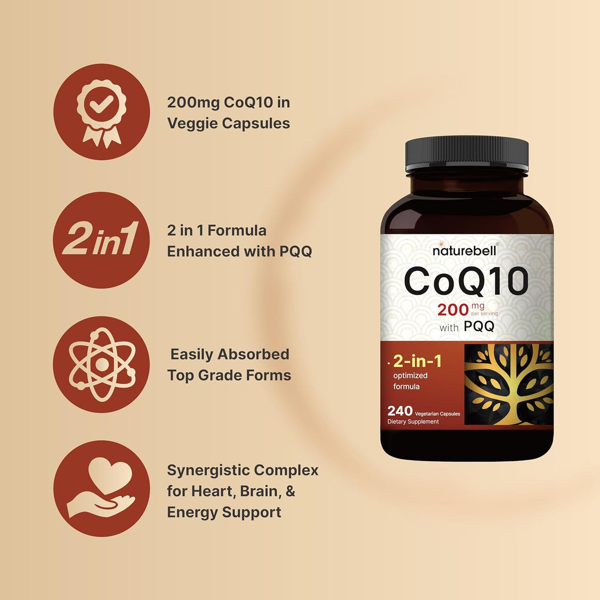 Suplemento CoQ10 200mg NatureBell, Antioxidante, 240 Veggie Caps