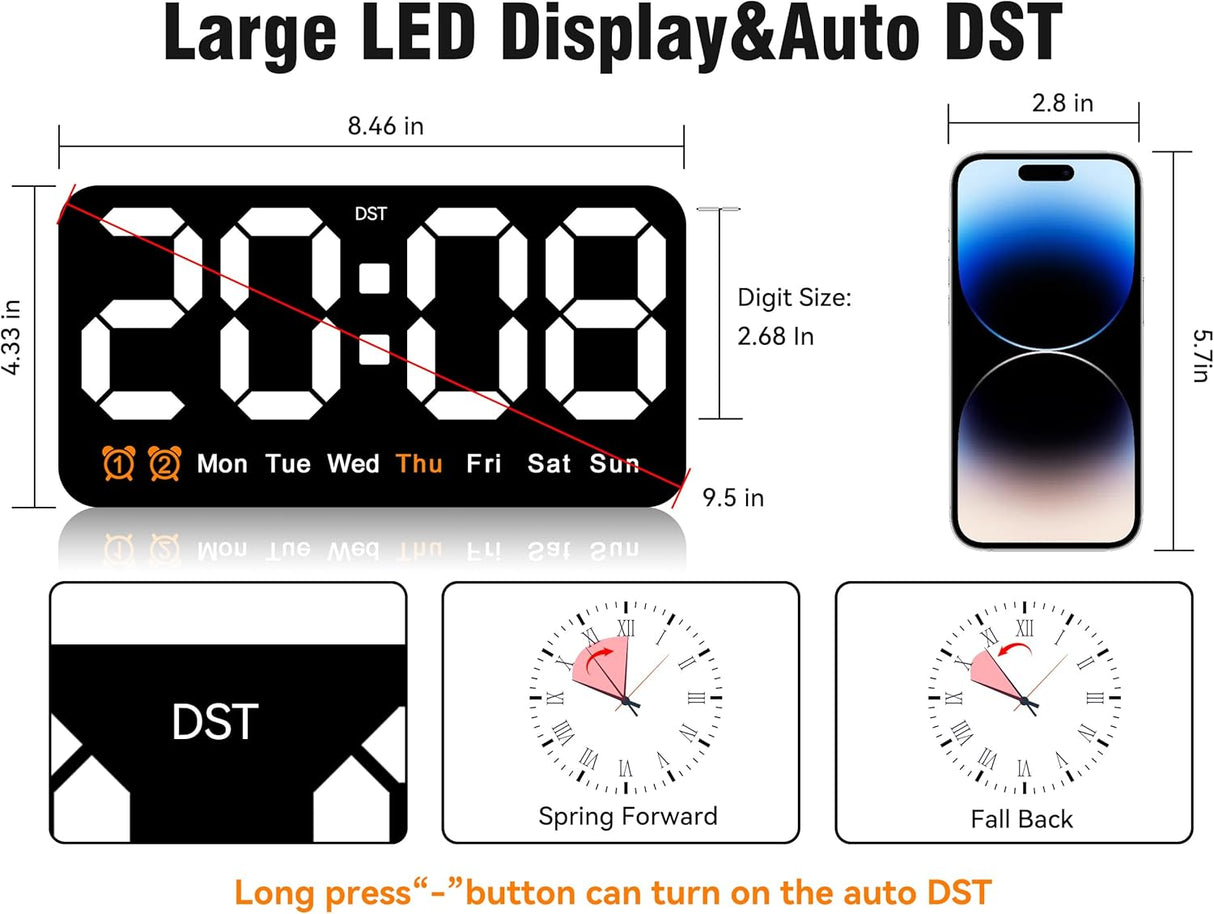 Reloj Digital Grande con Alarma, Números Grandes y Brillo Ajustable