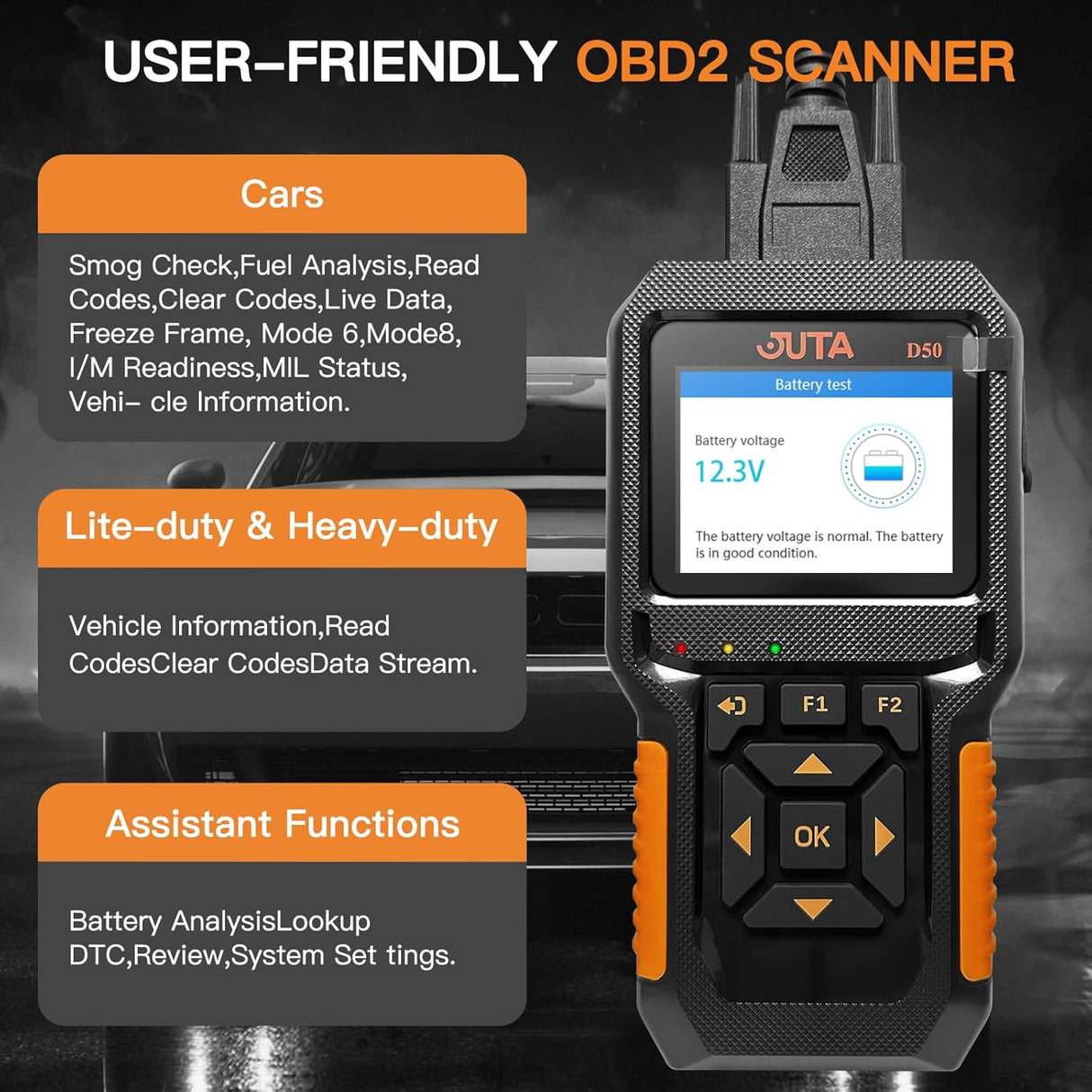 Escáner JUTA D50 OBD2 para coches y camiones, diagnóstico HD