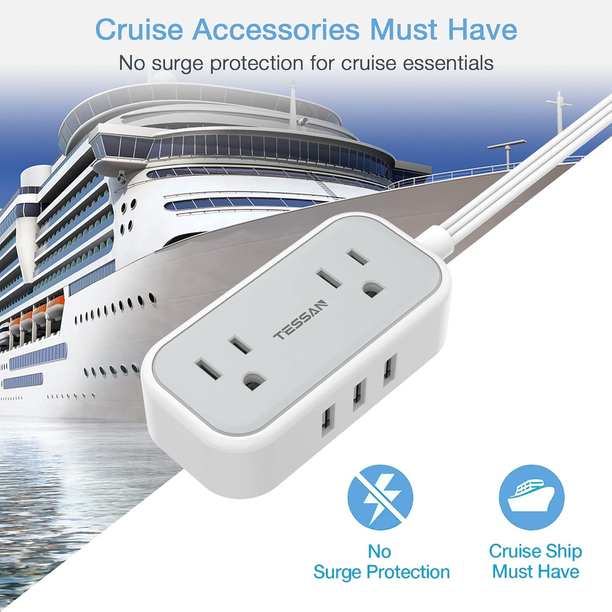 TESSAN - Cable de extensión de enchufe plano con 3 puertos USB, regleta de alimentación ultrafina con 2 salidas de CA esenciales para cruceros, corrector de salida pequeño de 5 pies de bajo perfil