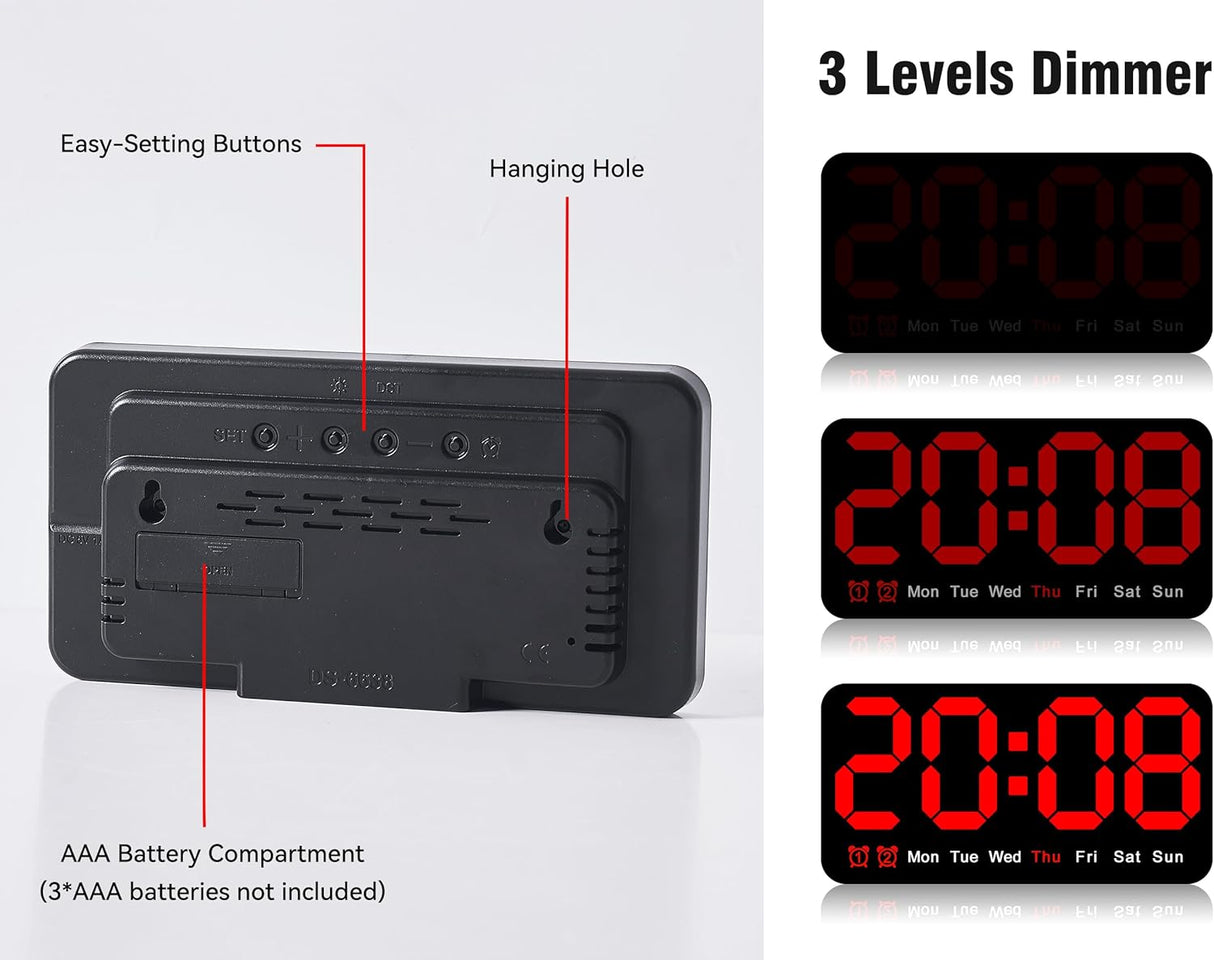 Reloj Digital Grande con Alarma, Doble Alarma y Brillo Ajustable