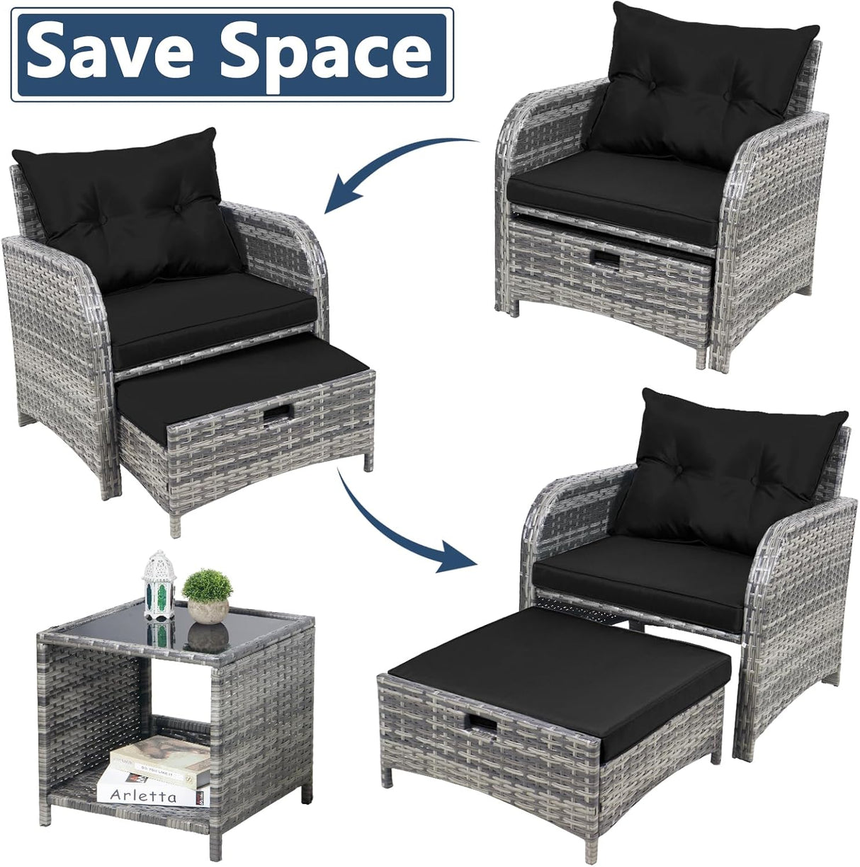 FYRICKYLINOO Juego de 5 sillas de mimbre para patio al aire libre con otomana, juego de muebles de conversación de patio con otomana debajo de todo tipo de clima, ratán de polietileno para todo tipo