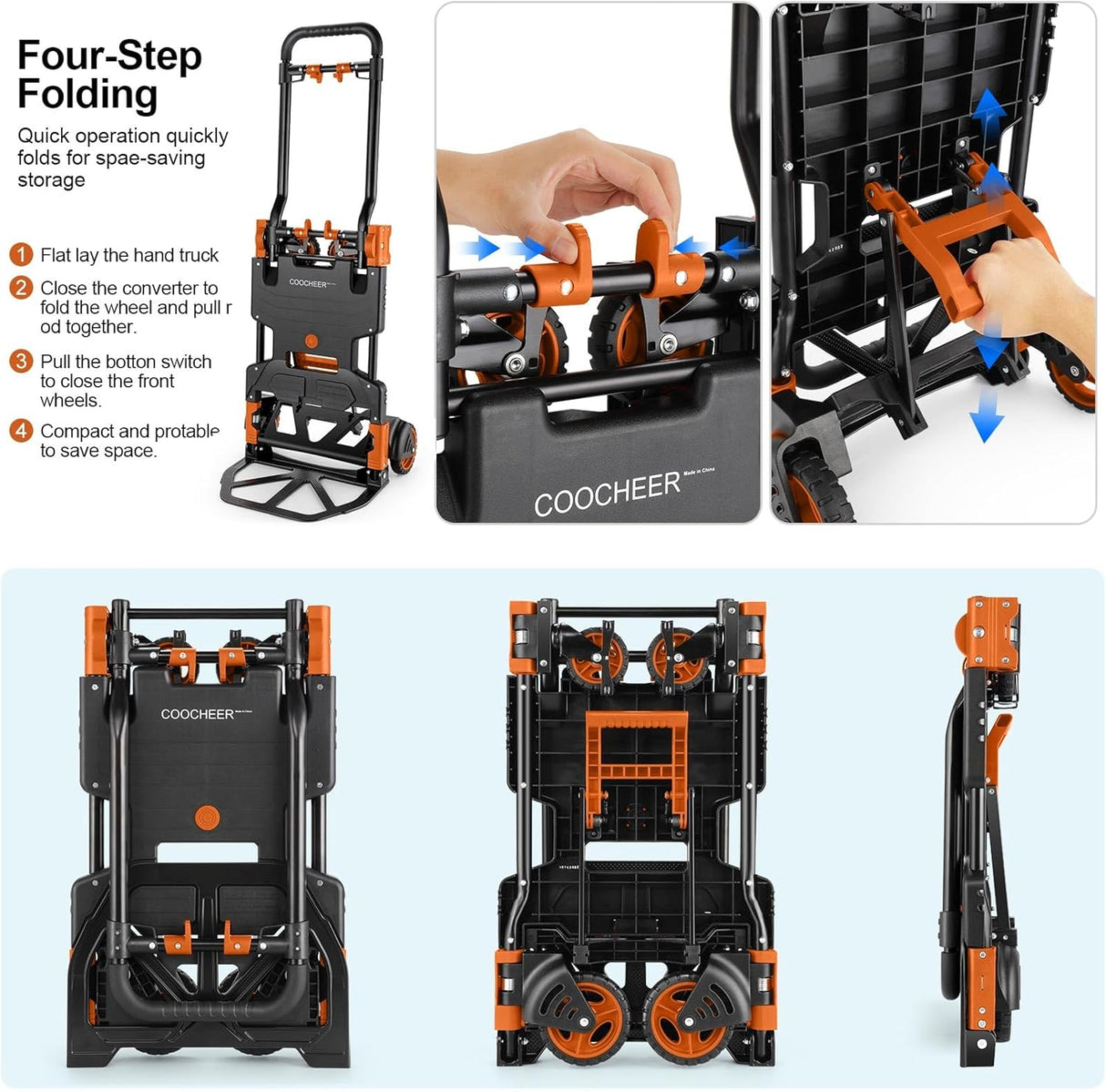 Carretilla Plegable 330LB, 4/2 Ruedas, Mango Retráctil, Modelo X