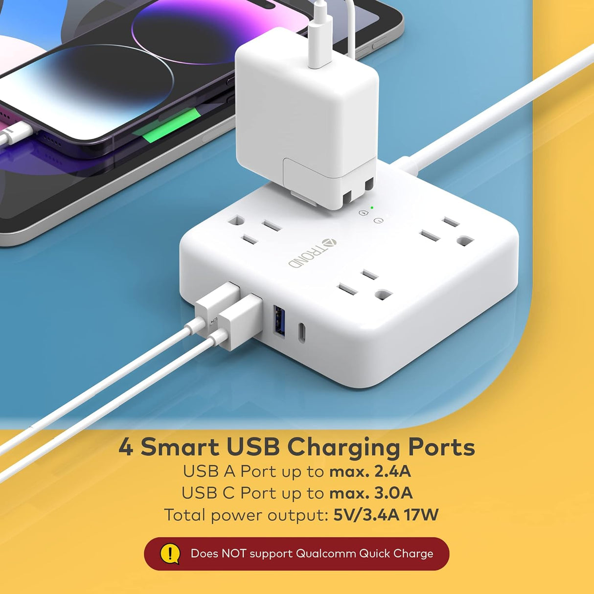 TROND Regleta protectora contra sobretensiones – Cable de extensión de enchufe plano ultrafino de 5 pies con 4 puertos USB (1 cargador USB C), 4 tomas de corriente ampliamente espaciadas, compacto y