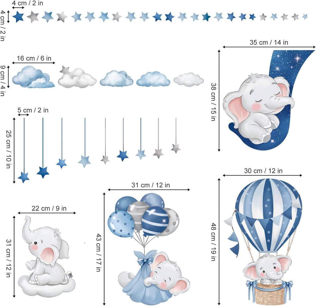 Vinilos de Elefante Dormilón Decalmile con Globos y Estrellas