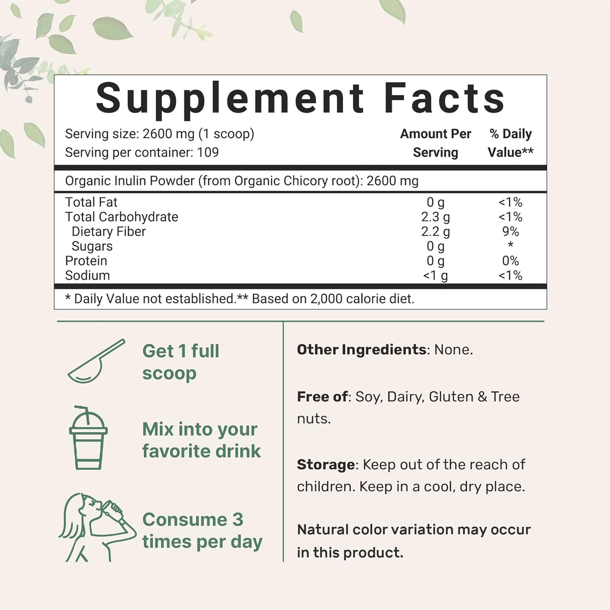 Suplemento orgánico diario de fibra dietética prebiótica 10