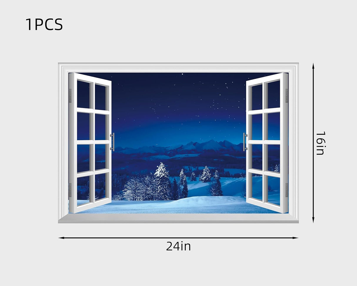 Adhesivo de pared falso para ventana, escena nevada de noche