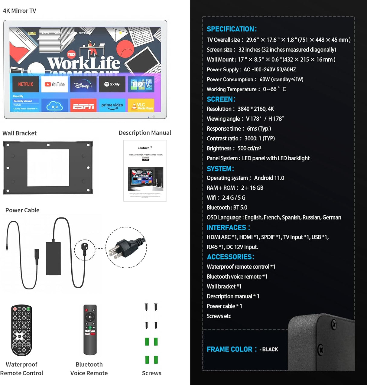 Espejo TV Smart 32 4K Ultra HD, IP66, Control por Voz, Android