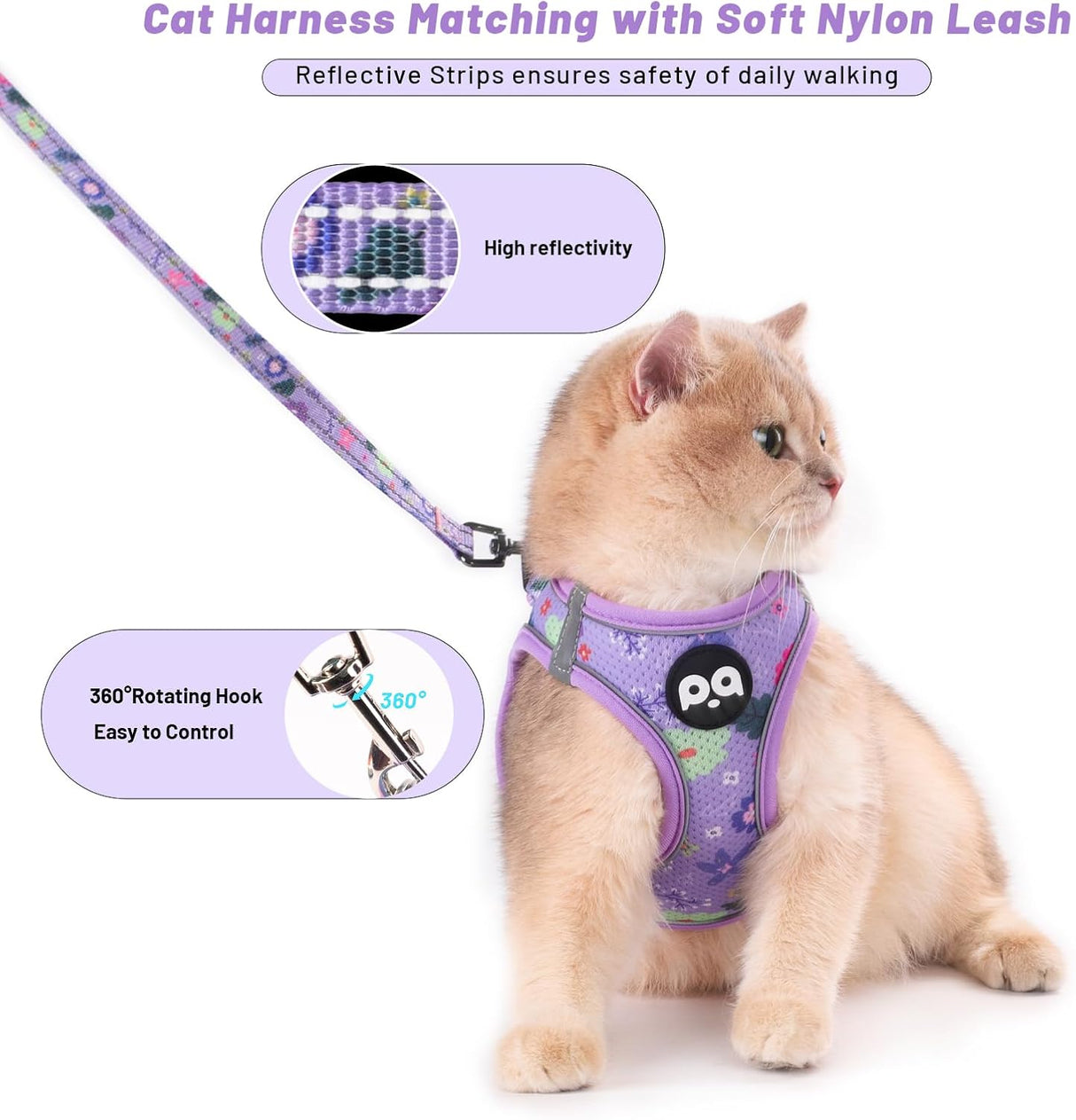 Arnés y Correa para Gatos, Ajustable, con Tiras Reflectantes