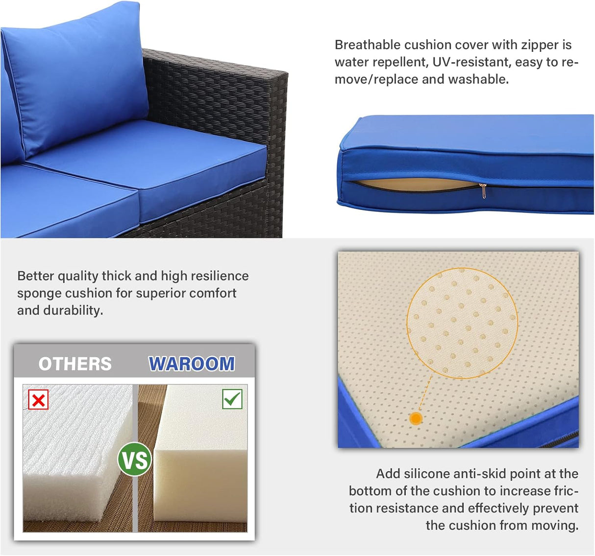 Juego de muebles de mimbre de polietileno para exteriores, 4 piezas, sofá de dos plazas seccionales de ratán negro, sofá de conversación con caja de almacenamiento, mesa superior de vidrio y cojín antideslizante azul rey