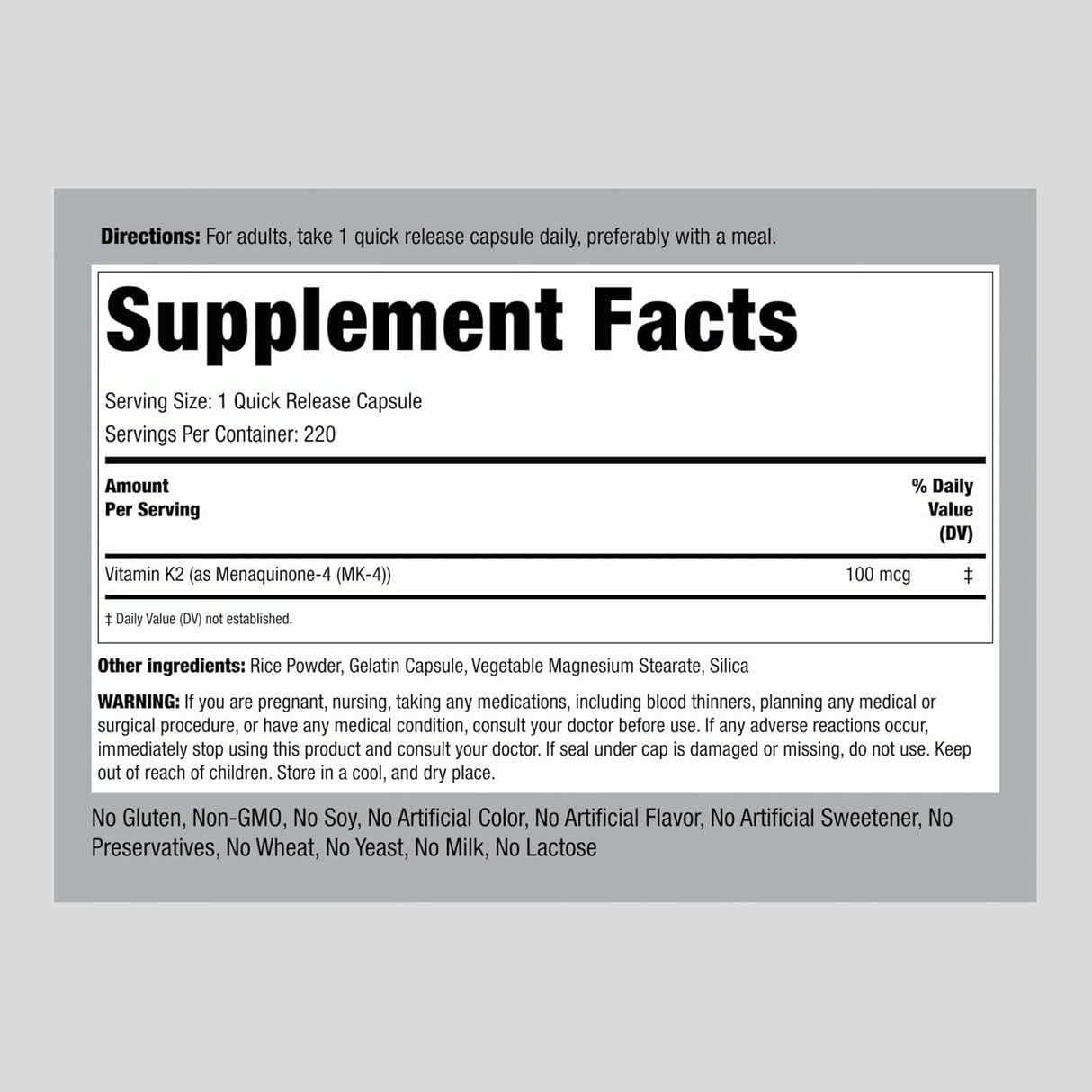 Suplemento de Vitamina K2 MK4 Piping Rock 100mcg 220 Cápsulas