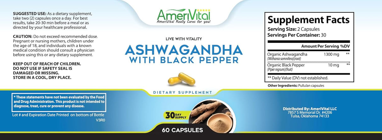 Suplemento de Ashwagandha 60 cápsulas AmeriVital 175 cc