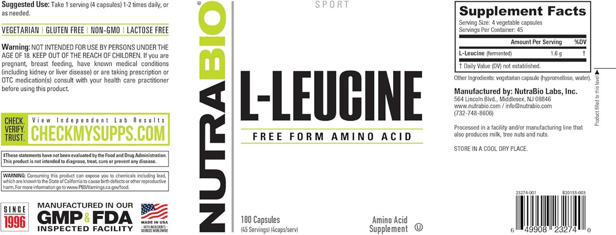 L-Leucina 100% Pura NutraBio - 400mg, 180 Cápsulas Veganas