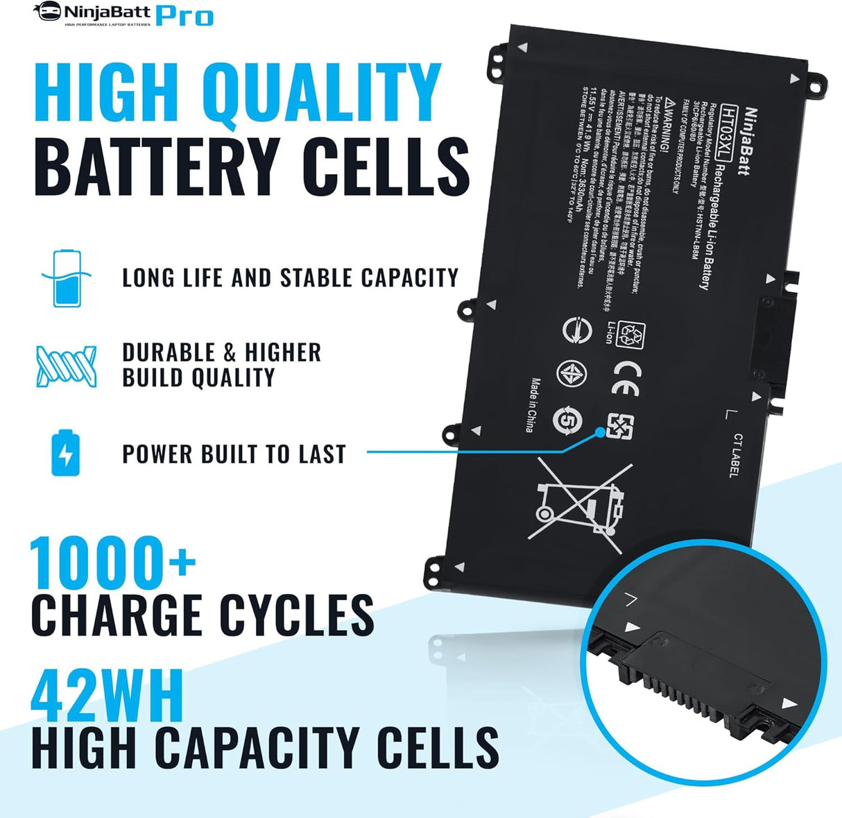 Batería duradera para HP Pavilion serie 15 HT03XL NinjaBatt