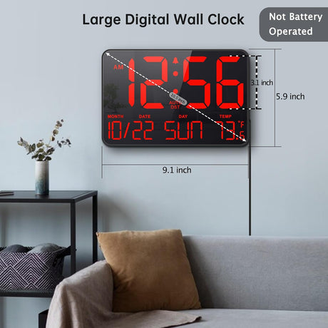 Reloj de Pared Digital Grande con Calendario y Alarma 12/24hr