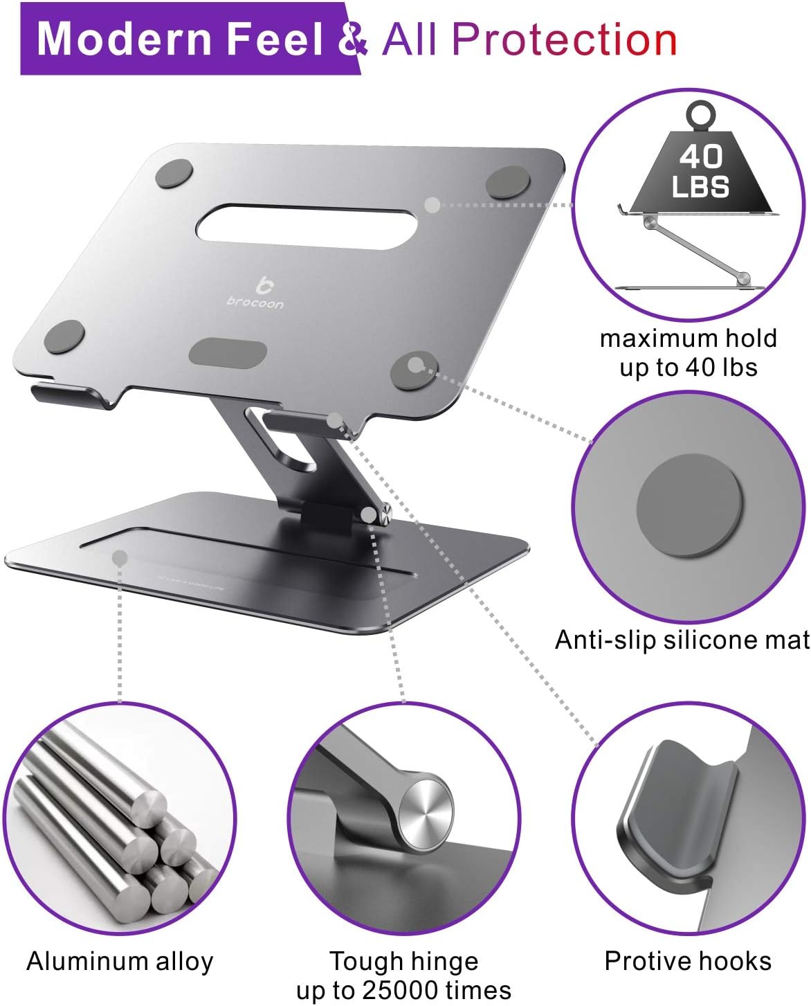 Brocoon - Soporte ajustable para computadora portátil, soporte ergonómico de aluminio para MacBook con ventilación térmica, elevador para portátil compatible con portátiles de 10 a 17 pulgadas