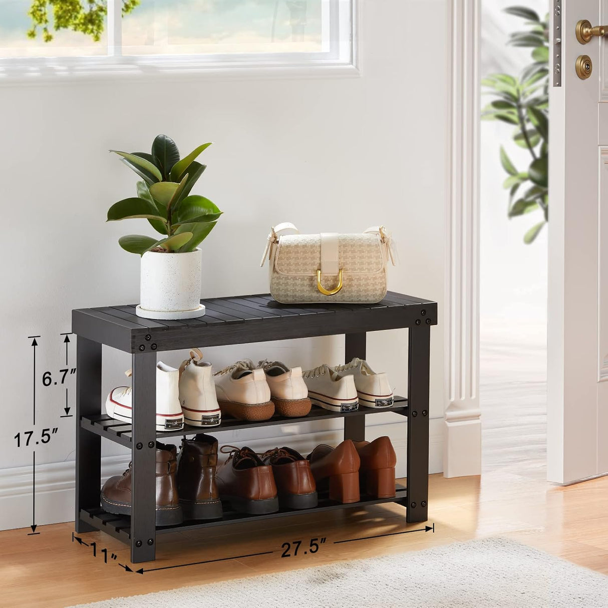 Banco organizador de zapatos de bambú, 3 niveles resistente