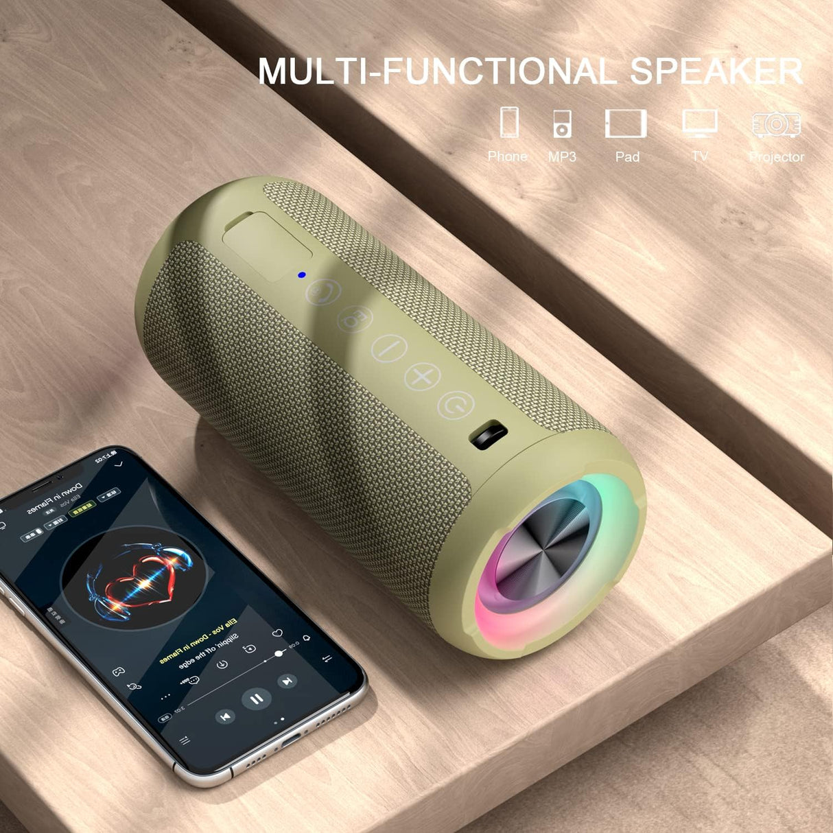 Parlante Bluetooth 5.3 inalámbrico IPX7, sonido estéreo 24W, RGB