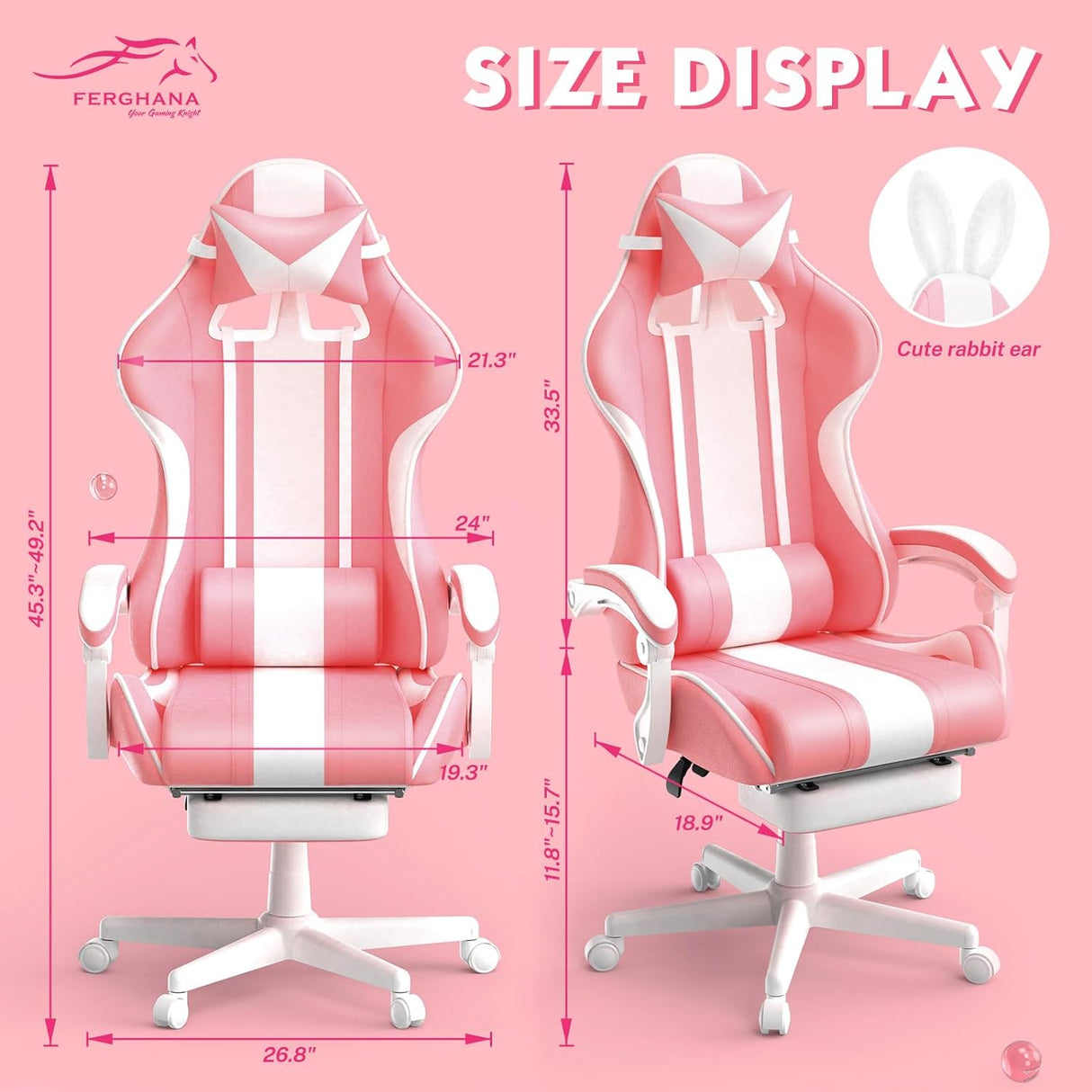 Silla Gamer Kawaii rosa con orejas de conejo Ferghana