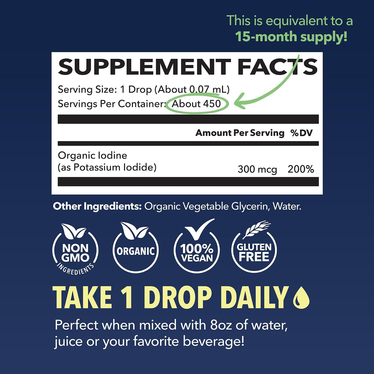 Gotas de Yoduro de Potasio Suplemento Vegano de Yodo 1 Año