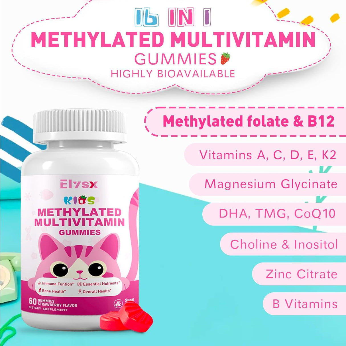 Suplemento multivitamínico masticable para niños, 60 cápsulas