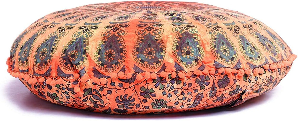Funda bohemia para cojín, de 32 pulgadas, con diseño de mandala, para meditación, decorativa, otomana, grande, para exteriores, decoración del hogar, decoración de arte en el hogar, redonda, con pompones de algodón, cómoda