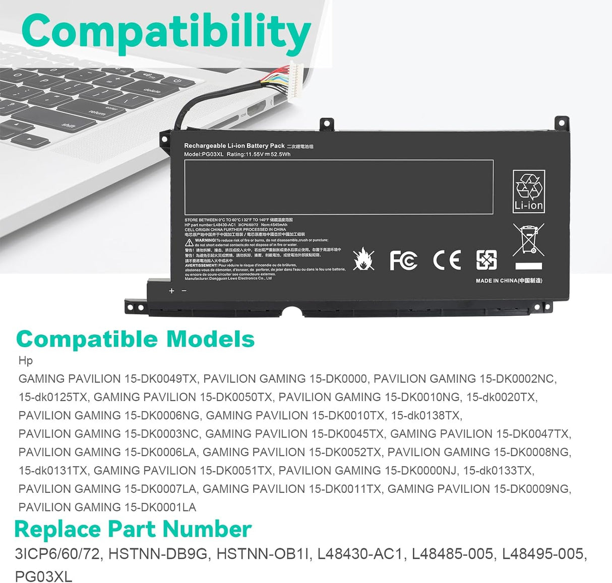 Batería PG03XL 3ICP6/60/72 para HP Pavilion Gaming 15 y 16