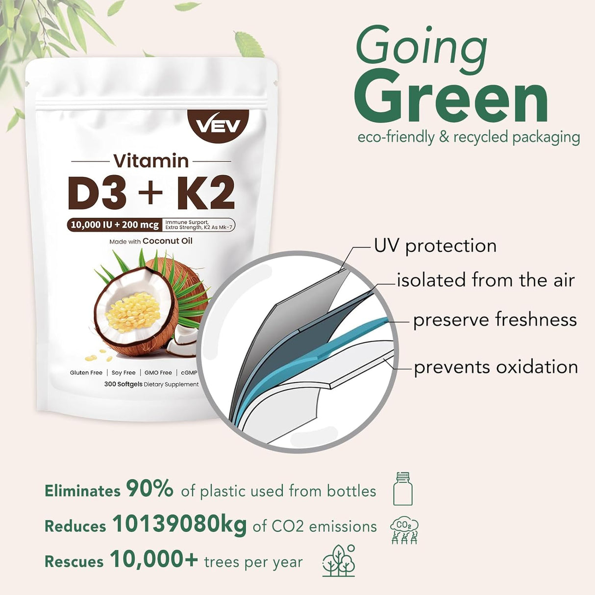 VEV Suplemento Vitamínico D3 K2 10000 IU, 300 Softgels
