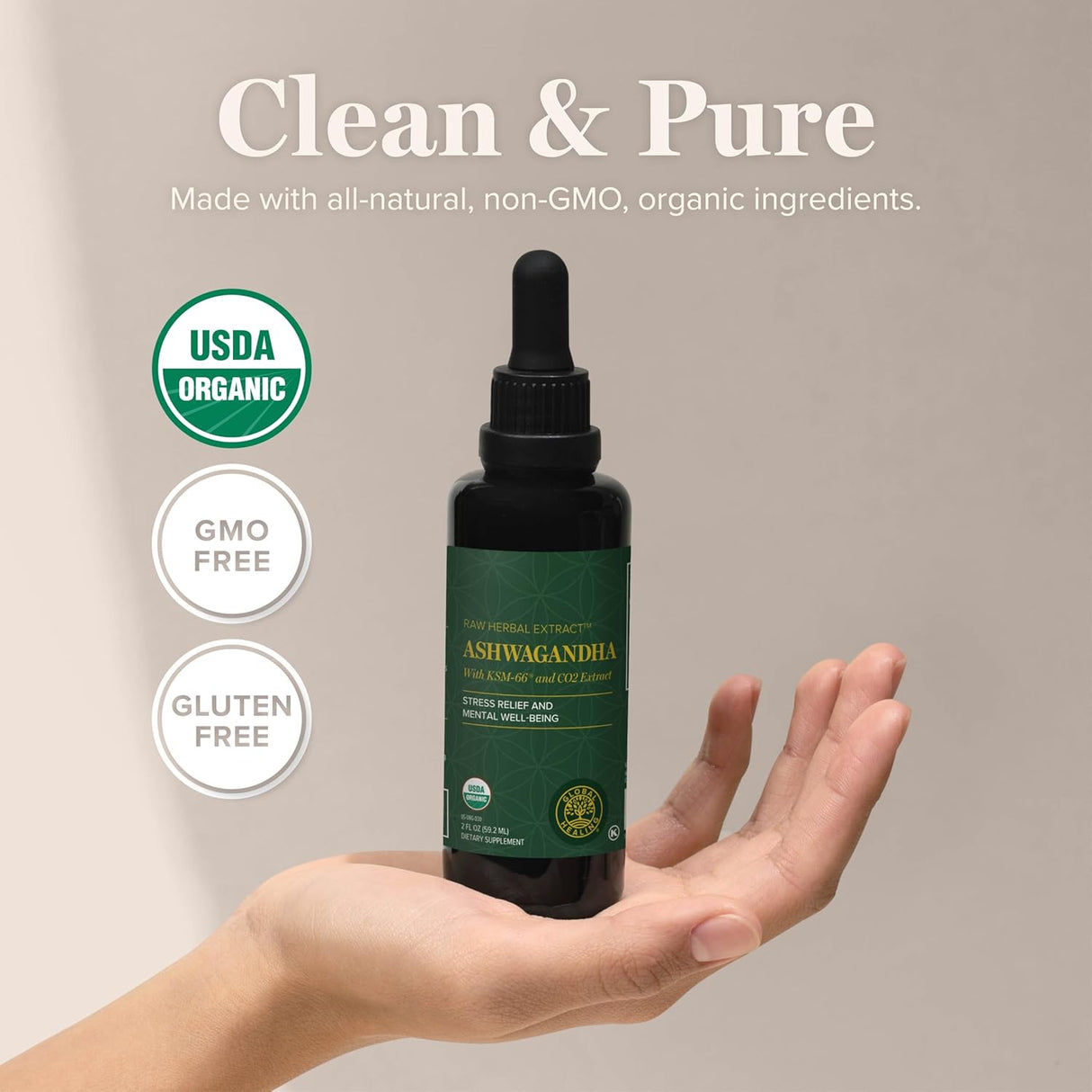 Gotas Orgánicas de Ashwagandha - Global Healing, KSM-66, 2 Fl Oz