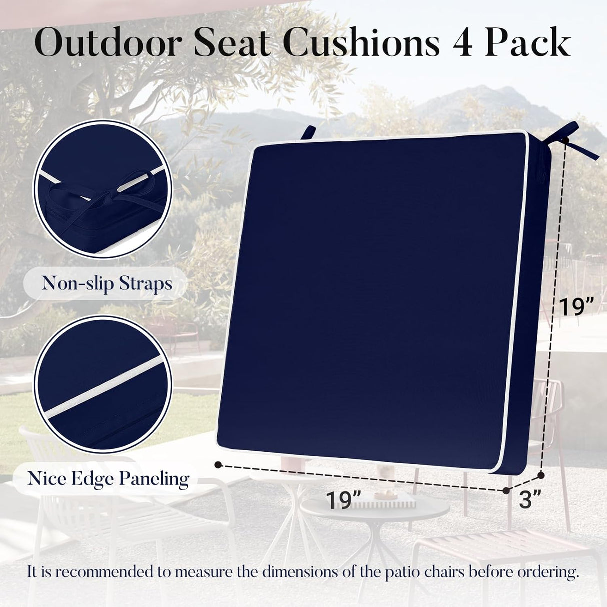 Basic Beyond Cojines para sillas de exterior para muebles de patio, impermeables, juego de 4 cojines de asiento de exterior de 19 x 19 pulgadas, cojines para sillas de patio con lazos y asa, color