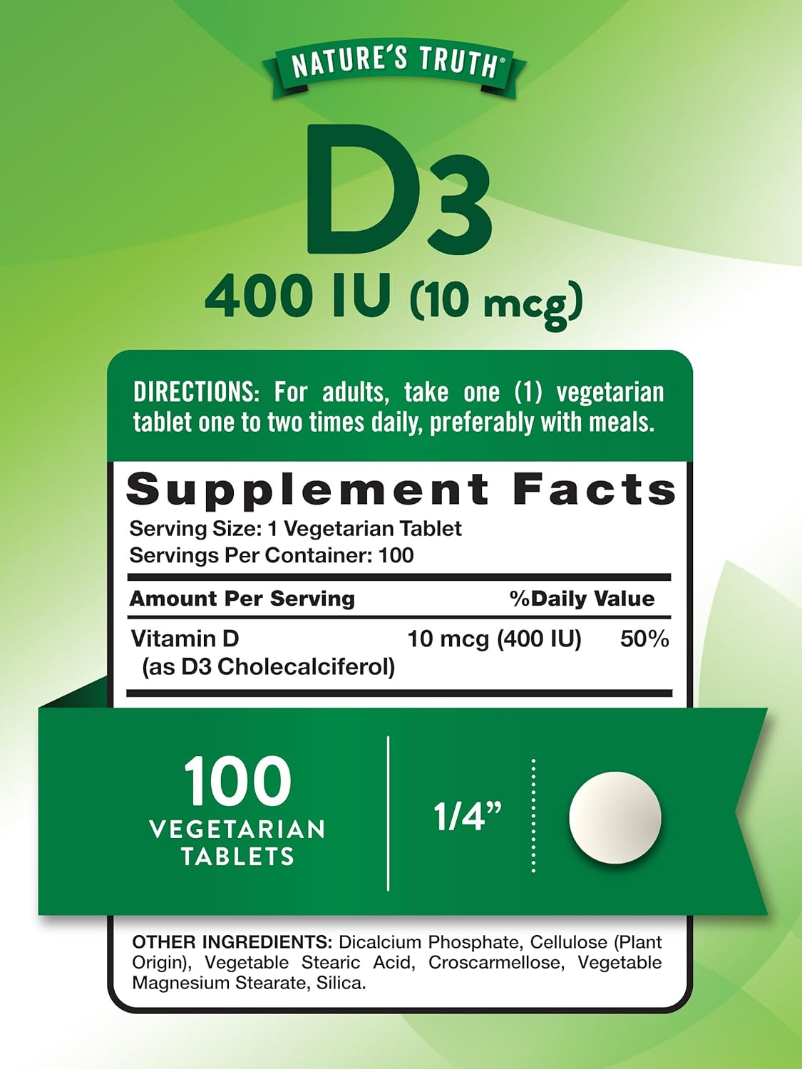 Vitamina D3 Nature's Truth 400 IU 100 tabletas Vegetarianas Non-GMO