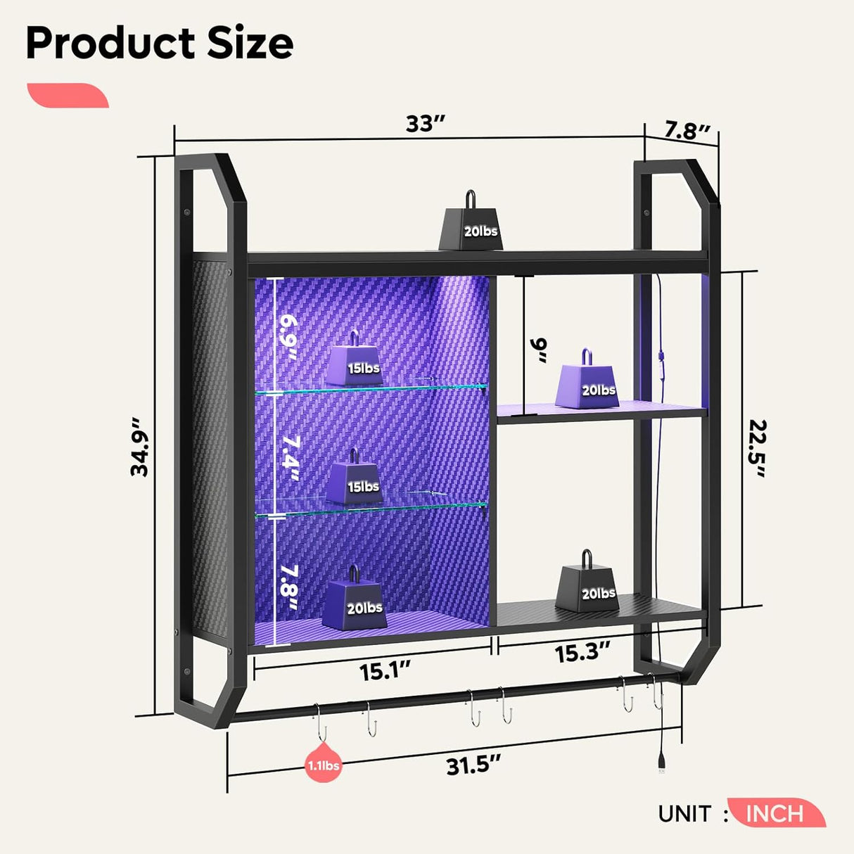 Estantería Flotante LED Bestier, 34 con 6 Ganchos S-Hook