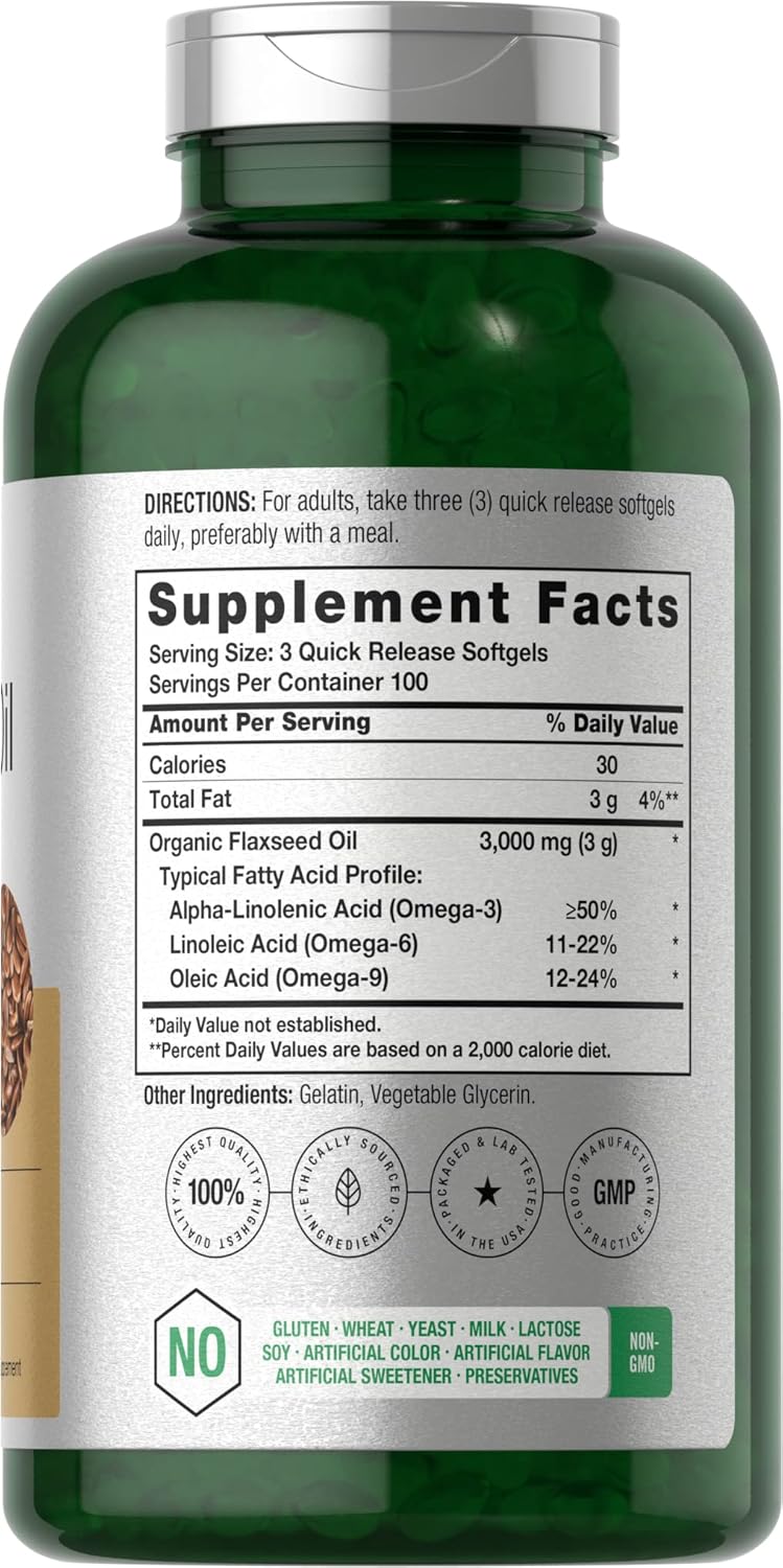 Cápsulas de aceite de linaza 3000mg Horbäach, Omega 3 6 9
